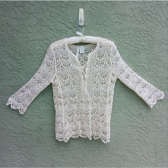 NWOT FORGOTTEN GRACE 100% Cotton Knit Cream Long Sleeve See-Thru Lace Up Top M - Picture 1 of 8